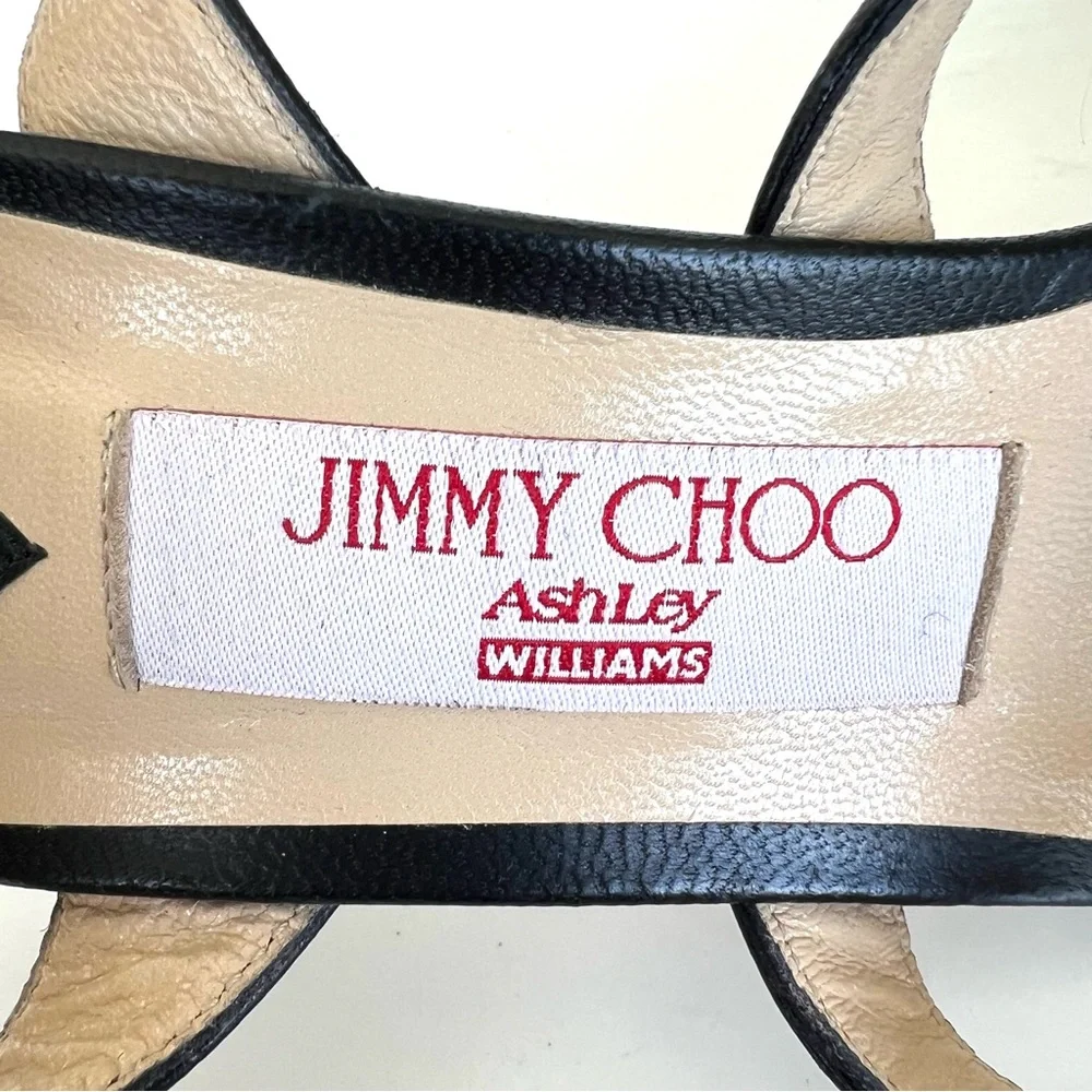JIMMY CHOO x Ashley Williams Black Leather Crystal 100% Heel Sandals Sz 37.5